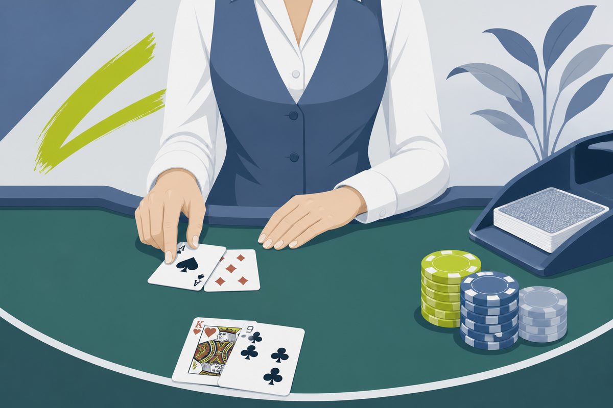Stylised live casino table with cards and chips