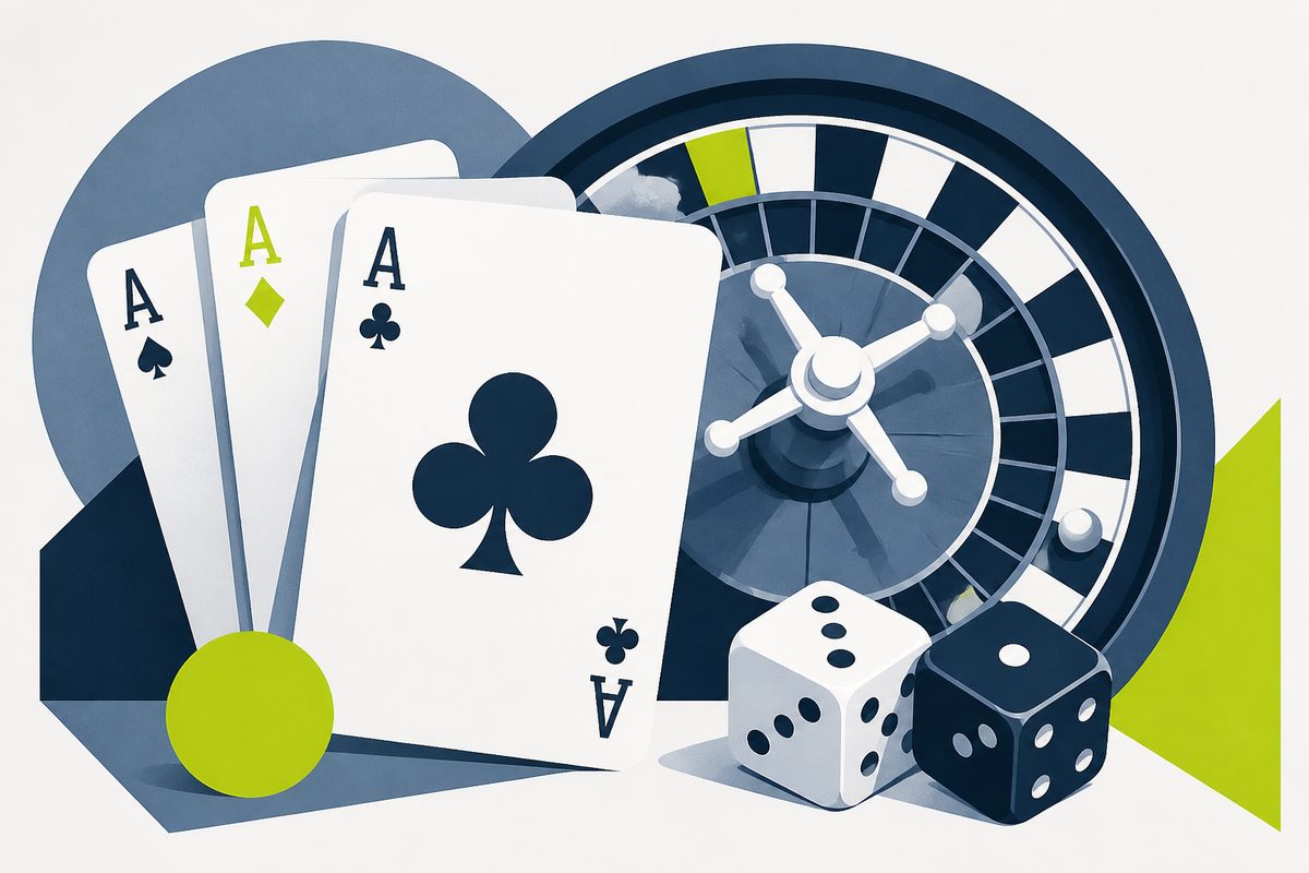 Stylised cards, dice and roulette segment illustrating game studios